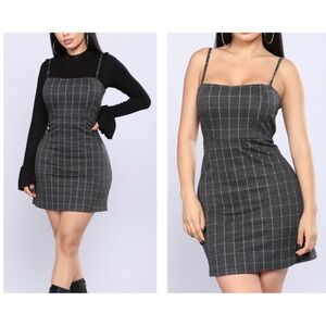 Fashion Nova Charcoal Grey Oxford Plaid Dress - size Large